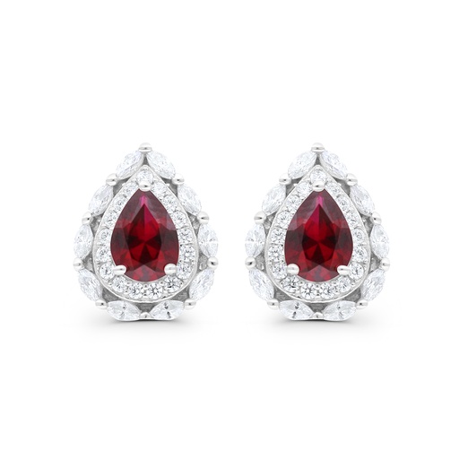 [EAR01RUB00WCZC184] Sterling Silver 925 Earring Rhodium Plated Embedded With Ruby Corundum And White CZ