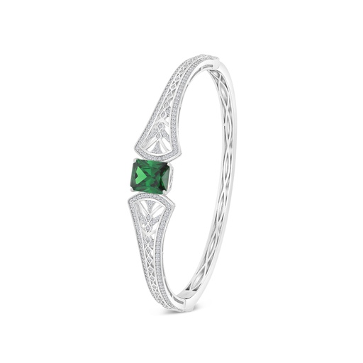 [BNG01EMR00WCZA083] Sterling Silver 925 Bangle Rhodium Plated Embedded With Emerald Zircon And White CZ