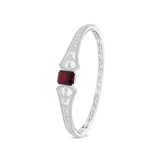 [BNG01RUB00WCZA083] Sterling Silver 925 Bangle Rhodium Plated Embedded With Ruby Corundum And White CZ