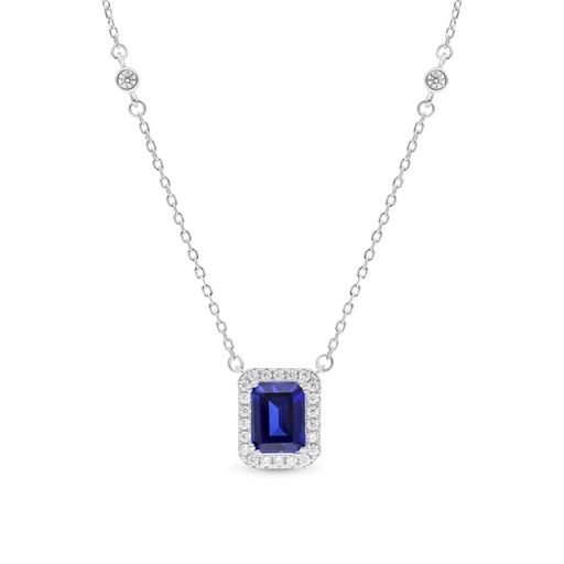 [NCL01SAP00WCZB270] Sterling Silver 925 Necklace Rhodium Plated Embedded With Sapphire Corundum And White CZ
