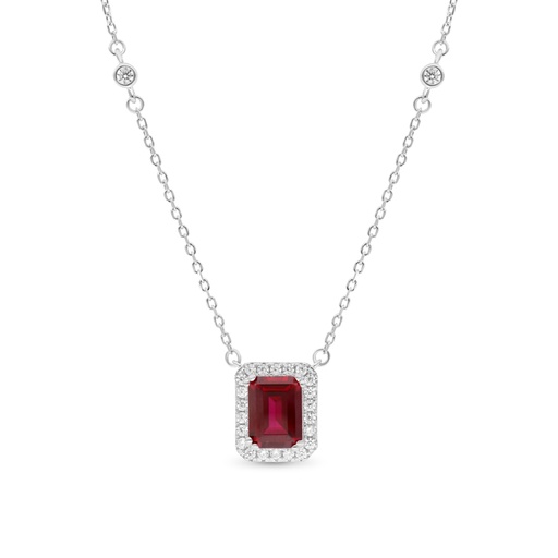 [NCL01RUB00WCZB270] Sterling Silver 925 Necklace Rhodium Plated Embedded With Ruby Corundum And White CZ