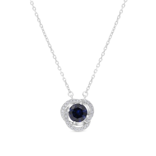 [NCL01SAP00WCZB274] Sterling Silver 925 Necklace Rhodium Plated Embedded With Sapphire Corundum And White CZ