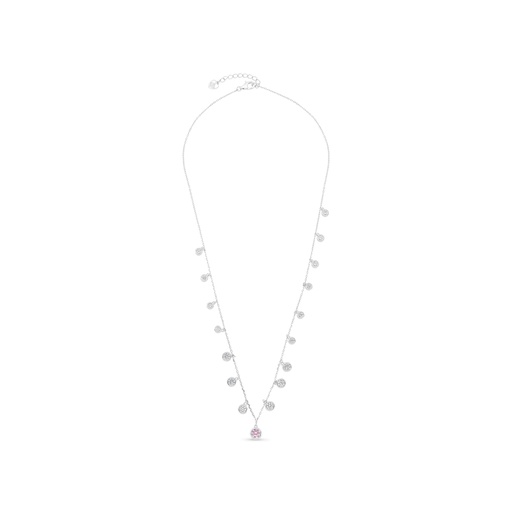 [NCL01PIK00WCZB280] Sterling Silver 925 Necklace Rhodium Plated Embedded With Pink Zircon And White CZ