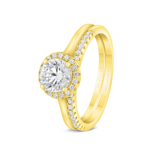 Sterling Silver 925  Ring (Twins) Gold Plated Embedded With Yellow Zircon And White CZ