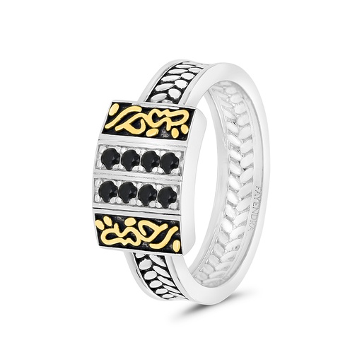 Sterling Silver 925 Ring Rhodium And Gold  Plated Embedded With Black Zircon 