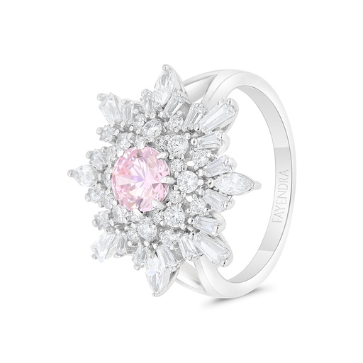 Sterling Silver 925 Ring Rhodium Plated Embedded With Pink Zircon And White CZ 