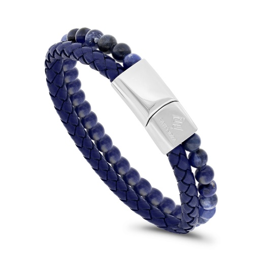 [BRC0900000000A085] Stainless Steel Bracelet, Rhodium Plated Embedded With Blue Tiger Eye And Blue Leather For Men 316L