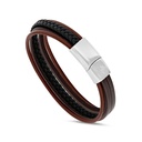 Stainless Steel Bracelet, Rhodium Plated Embedded With Black And Brown Leather For Men 316L