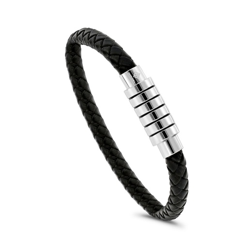 [BRC0900000000A105] Stainless Steel Bracelet, Rhodium Plated Embedded With Black Leather For Men 316L