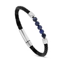 Stainless Steel Bracelet, Rhodium Plated Embedded With Blue Tiger Eye ِAnd Black Leather For Men 316L