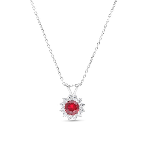 [NCL01RUB00WCZB366] Sterling Silver 925 Necklace Rhodium Plated Embedded With Ruby Corundum And White Zircon