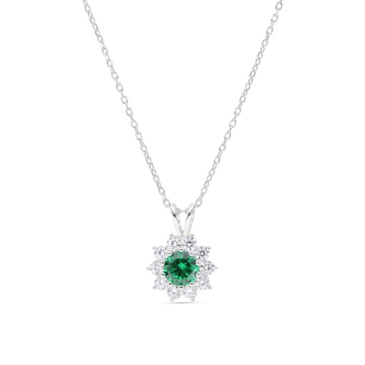 [NCL01EMR00WCZB367] Sterling Silver 925 Necklace Rhodium Plated Embedded With Emerald Zircon And White Zircon
