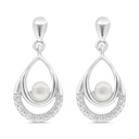 Sterling Silver 925 Earring Rhodium Plated Embedded With Natural White Pearl And  White Zircon 