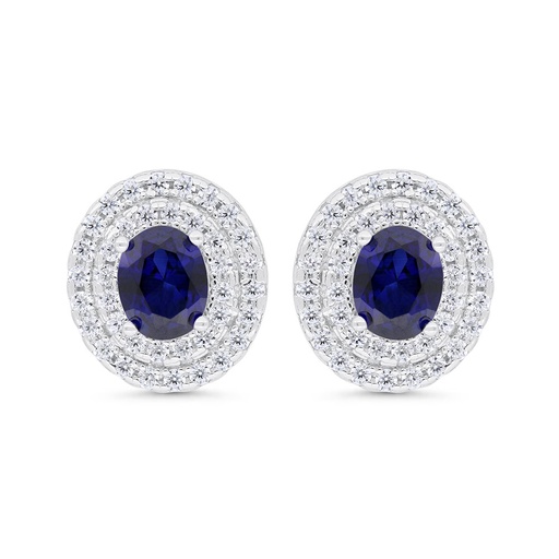 [EAR01SAP00WCZC313] Sterling Silver 925 Earring Rhodium Plated Embedded With Sapphire Corundum And White Zircon