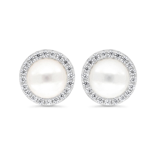 [EAR01FPR00WCZC305] Sterling Silver 925 Earring Rhodium Plated Embedded With Natural White Pearl And  White Zircon 
