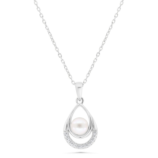 [NCL01FPR00WCZB342] Sterling Silver 925 Necklace Rhodium Plated Embedded With Natural White Pearl And  White Zircon 