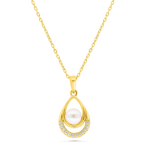 [NCL02FPR00WCZB342] Sterling Silver 925 Necklace Gold Plated Embedded With Natural White Pearl And  White Zircon