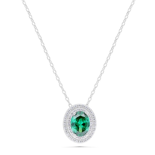 [NCL01EMR00WCZB349] Sterling Silver 925 Necklace Rhodium Plated Embedded With Emerald Zircon And White Zircon
