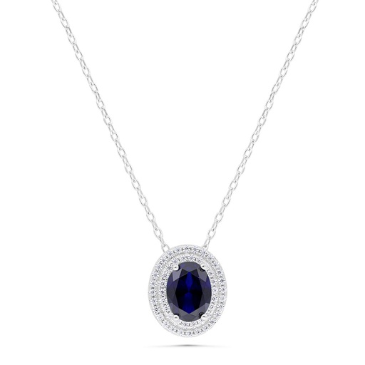 [NCL01SAP00WCZB349] Sterling Silver 925 Necklace Rhodium Plated Embedded With Sapphire Corundum And White Zircon