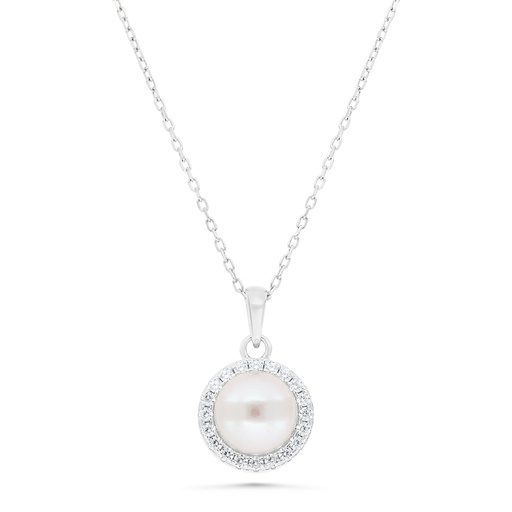 [NCL01FPR00WCZB347] Sterling Silver 925 Necklace Rhodium Plated Embedded With Natural White Pearl And  White Zircon 