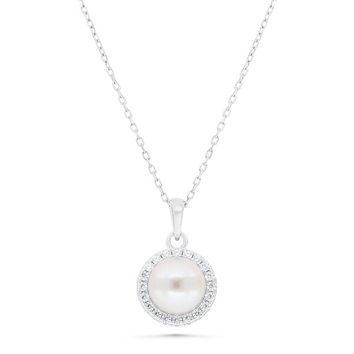 [NCL01FPR00WCZB347] Sterling Silver 925 Necklace Rhodium Plated Embedded With Natural White Pearl And White Zircon 