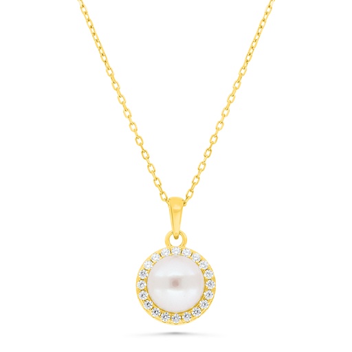 [NCL02FPR00WCZB347] Sterling Silver 925 Necklace Gold Plated Embedded With Natural White Pearl And  White Zircon