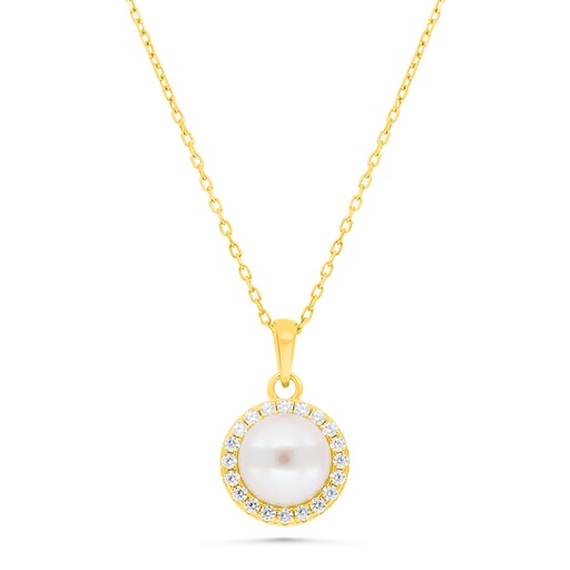 [NCL02FPR00WCZB347] Sterling Silver 925 Necklace Gold Plated Embedded With Natural White Pearl And White Zircon