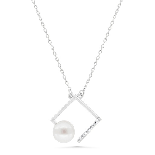 [NCL01FPR00WCZB345] Sterling Silver 925 Necklace Rhodium Plated Embedded With Natural White Pearl And White Zircon