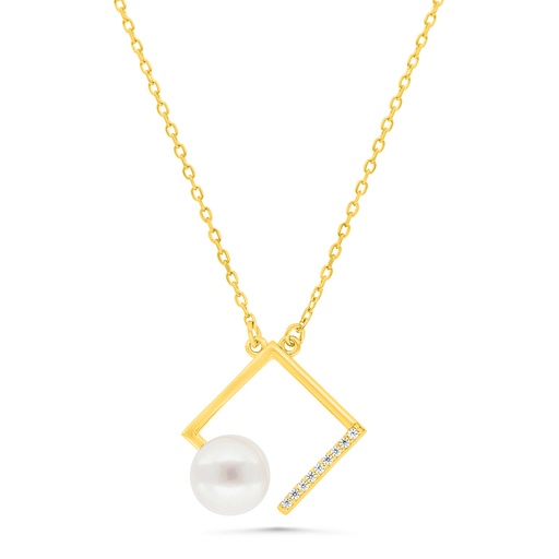 [NCL02FPR00WCZB345] Sterling Silver 925 Necklace Gold Plated Embedded With Natural White Pearl And  White Zircon
