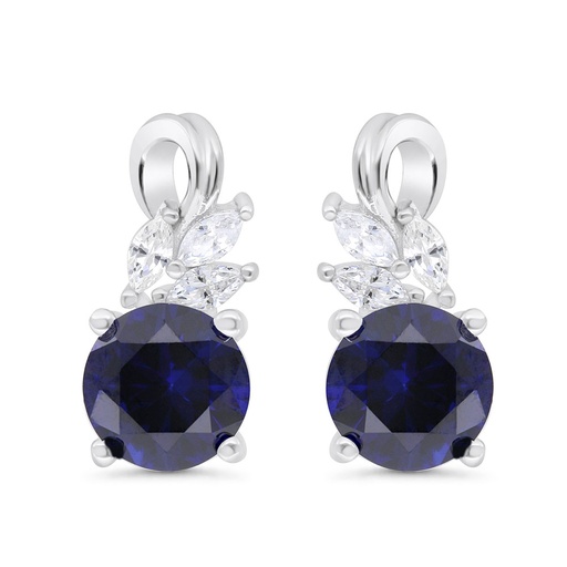 [EAR01SAP00WCZC319] Sterling Silver 925 Earring Rhodium Plated Embedded With Sapphire Corundum And White Zircon
