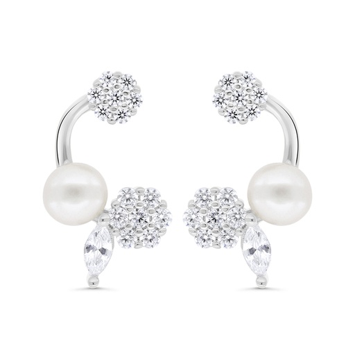 [EAR01FPR00WCZC301] Sterling Silver 925 Earring Rhodium Plated Embedded With Natural White Pearl And White Zircon