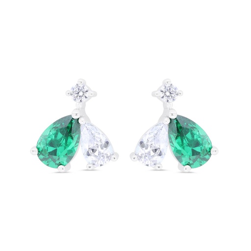 [EAR01EMR00WCZB878] Sterling Silver 925 Earring Rhodium Plated Embedded With Emerald Zircon And White Zircon