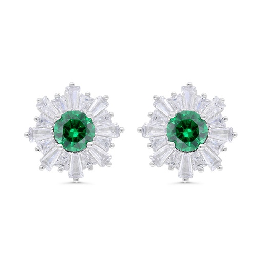 [EAR01EMR00WCZC324] Sterling Silver 925 Earring Rhodium Plated Embedded With Emerald Zircon And White Zircon