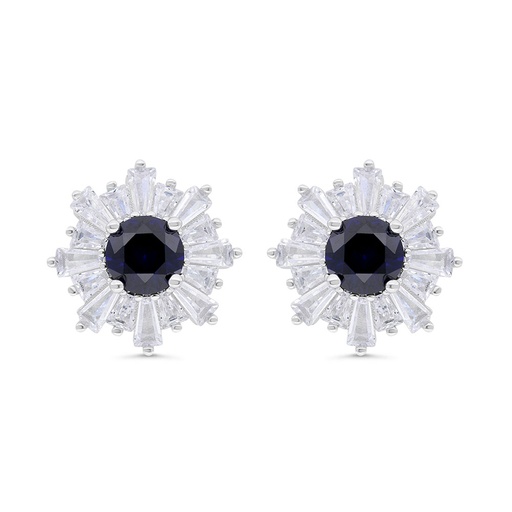 [EAR01SAP00WCZC324] Sterling Silver 925 Earring Rhodium Plated Embedded With Sapphire Corundum And White Zircon