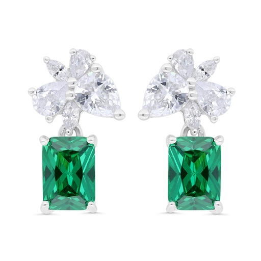 [EAR01EMR00WCZC317] Sterling Silver 925 Earring Rhodium Plated Embedded With Emerald Zircon And White Zircon