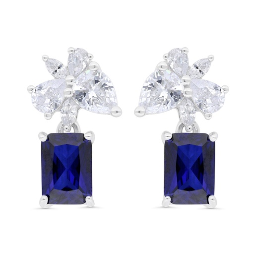 [EAR01SAP00WCZC317] Sterling Silver 925 Earring Rhodium Plated Embedded With Sapphire Corundum And White Zircon