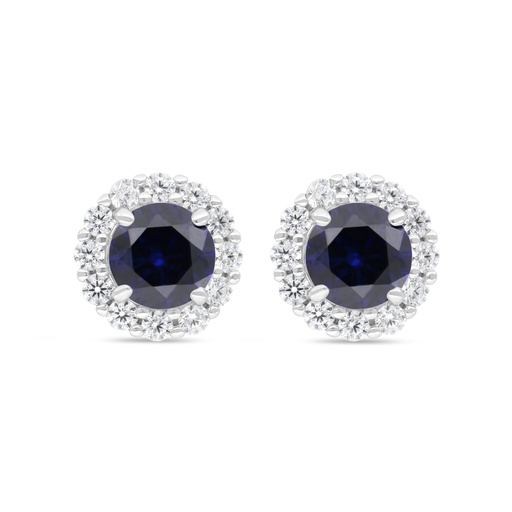 [EAR01SAP00WCZC318] Sterling Silver 925 Earring Rhodium Plated Embedded With Sapphire Corundum And White Zircon