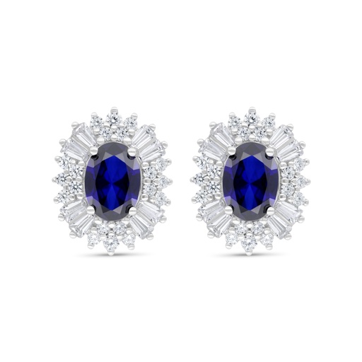 [EAR01SAP00WCZC316] Sterling Silver 925 Earring Rhodium Plated Embedded With Sapphire Corundum And White Zircon