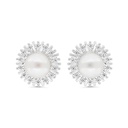 Sterling Silver 925 Earring Rhodium Plated Embedded With Natural White Pearl And White Zircon