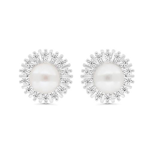 [EAR01FPR00WCZC294] Sterling Silver 925 Earring Rhodium Plated Embedded With Natural White Pearl And White Zircon