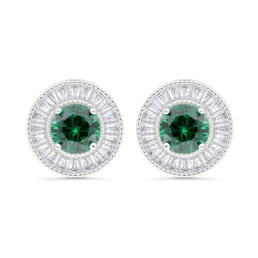 [EAR01EMR00WCZC325] Sterling Silver 925 Earring Rhodium Plated Embedded With Emerald Zircon And White Zircon