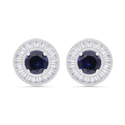 [EAR01SAP00WCZC325] Sterling Silver 925 Earring Rhodium Plated Embedded With Sapphire Corundum And White Zircon