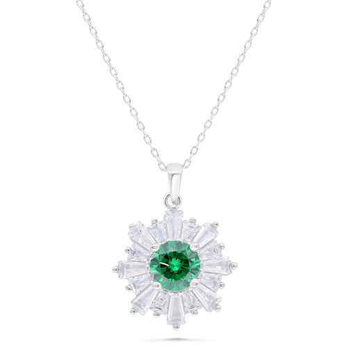 [NCL01EMR00WCZB361] Sterling Silver 925 Necklace Rhodium Plated Embedded With Emerald Zircon And White Zircon