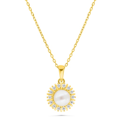 [NCL02FPR00WCZB344] Sterling Silver 925 Necklace Gold Plated Embedded With Natural White Pearl And  White Zircon