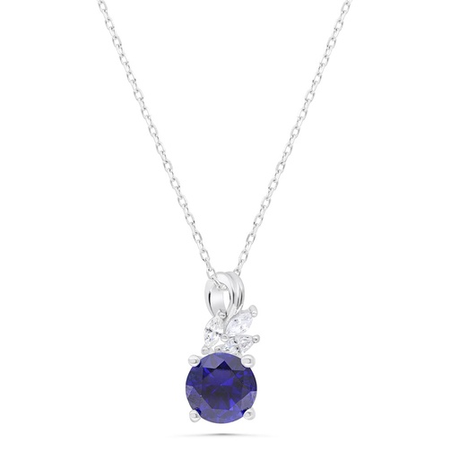 [NCL01SAP00WCZB355] Sterling Silver 925 Necklace Rhodium Plated Embedded With Sapphire Corundum And White Zircon