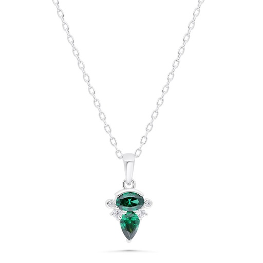 [NCL01EMR00WCZB363] Sterling Silver 925 Necklace Rhodium Plated Embedded With Emerald Zircon And White Zircon