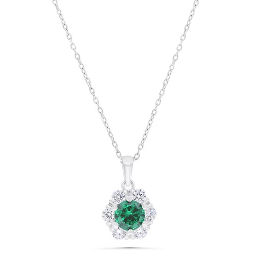 [NCL01EMR00WCZB356] Sterling Silver 925 Necklace Rhodium Plated Embedded With Emerald Zircon And White Zircon