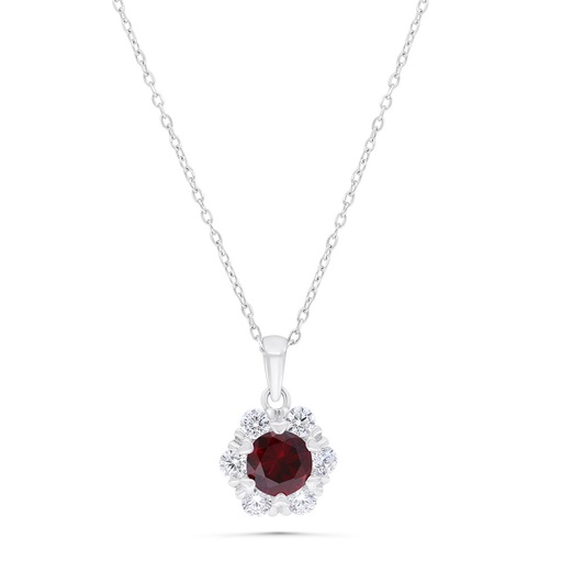[NCL01RUB00WCZB356] Sterling Silver 925 Necklace  Rhodium Plated Embedded With Ruby Corundum And White Zircon