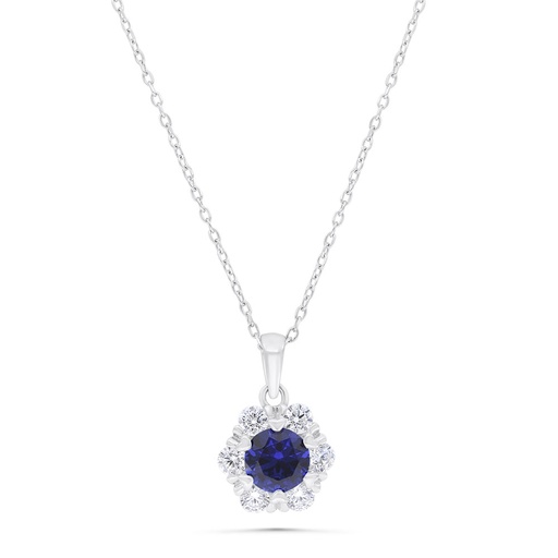[NCL01SAP00WCZB356] Sterling Silver 925 Necklace Rhodium Plated Embedded With Sapphire Corundum And White Zircon
