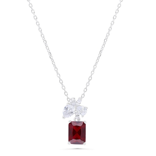 [NCL01RUB00WCZB353] Sterling Silver 925 Necklace  Rhodium Plated Embedded With Ruby Corundum And White Zircon